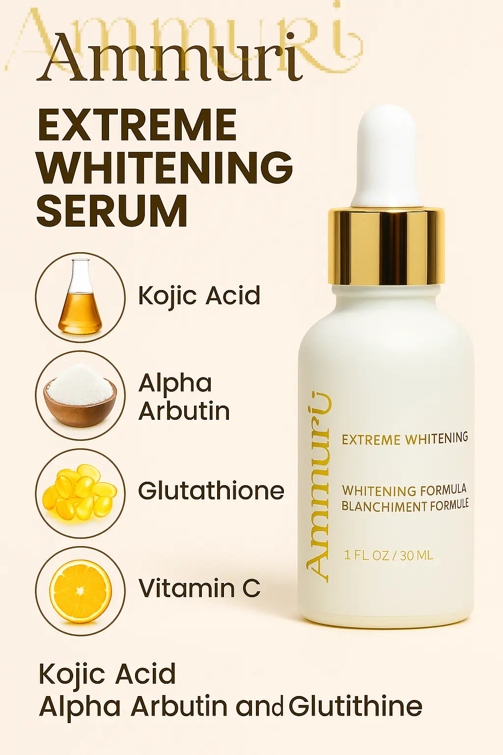 Ammuri Premium Whitening Serum 30ml β Kojic Acid + Tranexamic Acid | Dark Spot & Pigmentation Corrector
