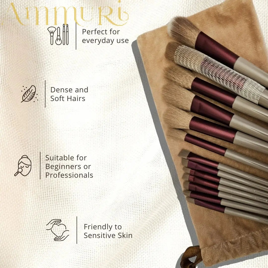 Ammuri Skincare 13-Piece Professional Vegan Makeup Brush Set with Pine & Burgundy Finish and Travel Pouch