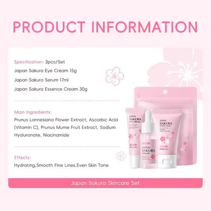 LAIKOU Sakura Facial Set Skin Care Moisturizing Reduce Fine Lines Brighten Eye Cream Serum Face Cream Skin Tone Face Care 3Pcs